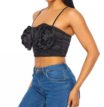 Hot & Delicious Cabbage Roses Satin Crop Top In Black In Black