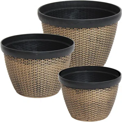 Sunnydaze Modern Decorative Resin Faux Basketweave Planter - 13", 15", And 17" Diameter - 3-piece Set