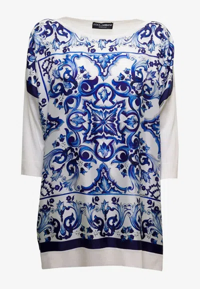 Dolce & Gabbana Silk Twill Crew-neck Pullover With Majolica Print In Blue