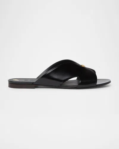 Loro Piana Vera Leather Flat Slide Sandals In Black
