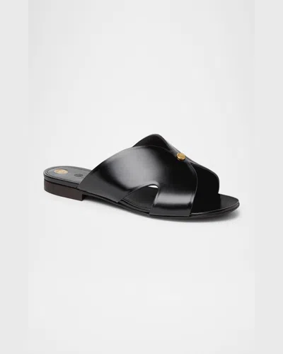 Loro Piana Vera Leather Flat Slide Sandals In Black
