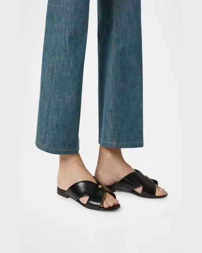 Loro Piana Vera Leather Flat Slide Sandals In Black