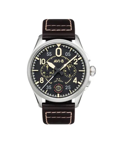 Avi-8 Men's Spitfire Lock Chronograph Brown Leather Strap Watch, 42mm In Black