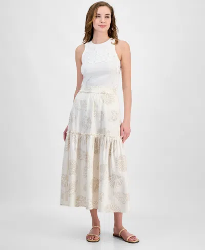 Jones New York Seashell Print Tiered Linen Blend Skirt In White