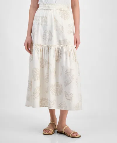 Jones New York Seashell Print Tiered Linen Blend Skirt In White