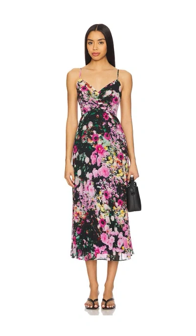 Steve Madden Ray Pleated Floral Chiffon Midi Dress In Black Multi