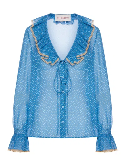 Valentino Polka-dots Silk Shirt With Lace Profile In Blue