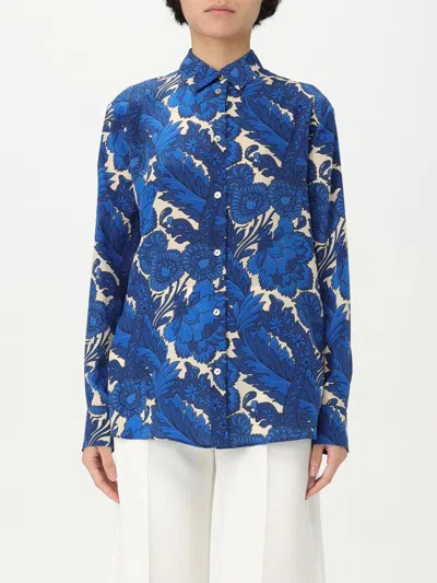 Etro , Silk Shirt With Maxi Floral Print, Woman, Navy Blue, Size 38 In Stampa F.do Azzurro
