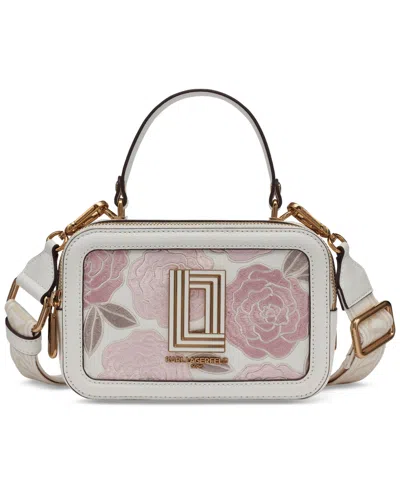 Karl Lagerfeld Simone Embroidered Camera Crossbody In White,pink