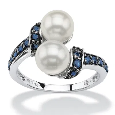 Palm Beach Jewelry .79 Tcw Blue Genuine Sapphire And Freshwater Pearl Platinum-plated Silver Ring In White