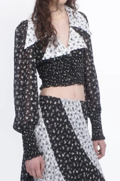Anna Sui Ditsy Dot Chiffon Collared Smocked Top In Black/white Multi