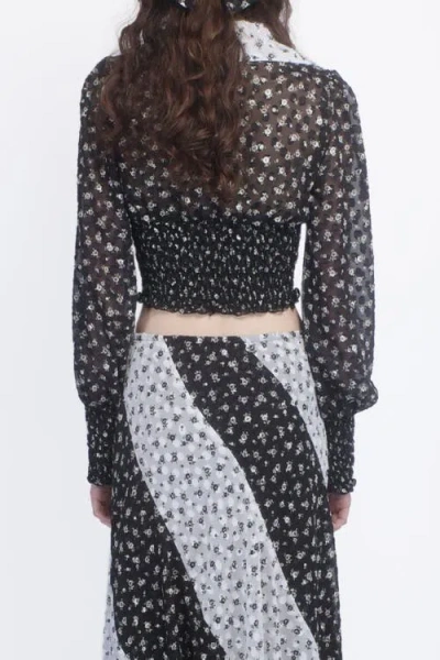 Anna Sui Ditsy Dot Chiffon Collared Smocked Top In Black/white Multi