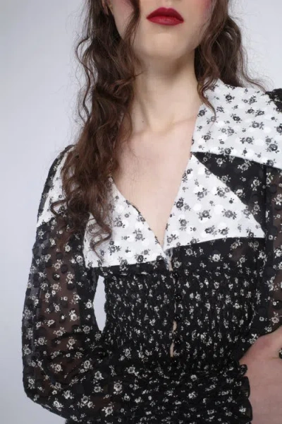 Anna Sui Ditsy Dot Chiffon Collared Smocked Top In Black/white Multi