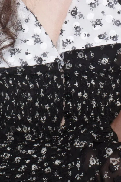 Anna Sui Ditsy Dot Chiffon Collared Smocked Top In Black/white Multi