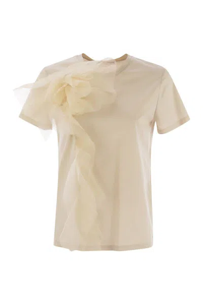 Max Mara Ruffled Cotton And Tulle T-shirt In Beige