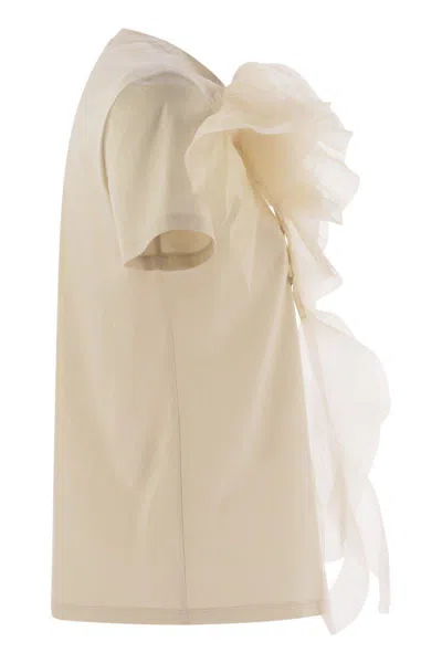 Max Mara Ruffled Cotton And Tulle T-shirt In Beige