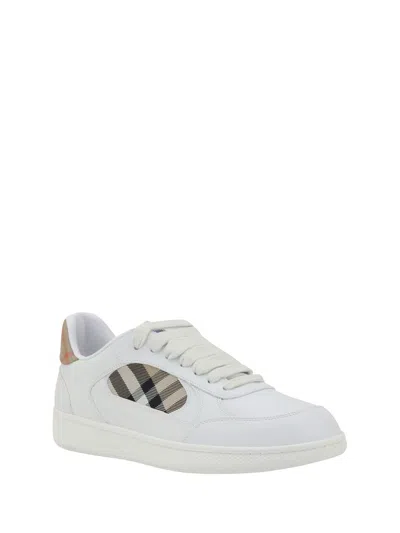 Burberry Men Low-top Leather Sneakers With Check Inserts In White