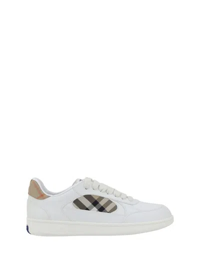 Burberry Men Low-top Leather Sneakers With Check Inserts In White