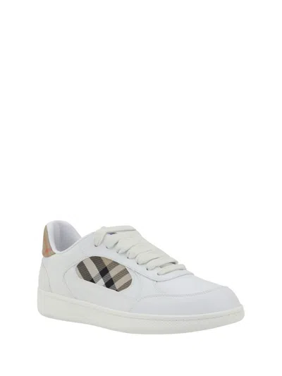 Burberry Men Low-top Leather Sneakers With Check Inserts In White