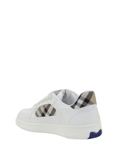 Burberry Men Low-top Leather Sneakers With Check Inserts In White
