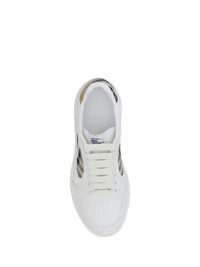 Burberry Men Low-top Leather Sneakers With Check Inserts In White