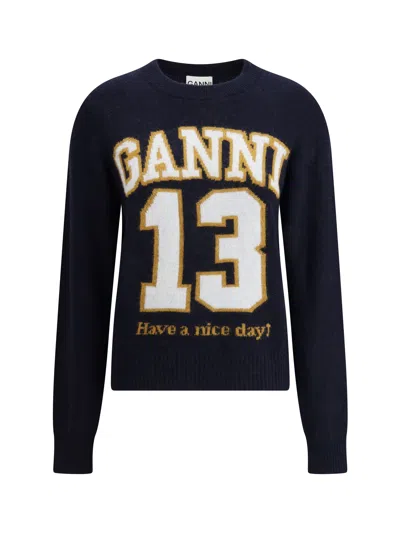 Ganni Women Logo Graphic Baseball Wool Mix Sweater In Blue