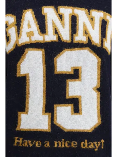 Ganni Women Logo Graphic Baseball Wool Mix Sweater In Blue