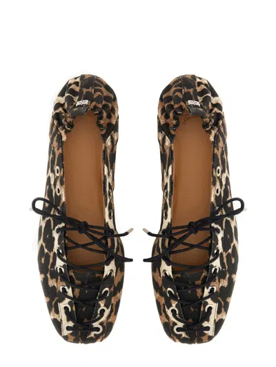 Ganni Denim Print Lace-up Ballerina Flats With Leopard Pattern In Animal Print
