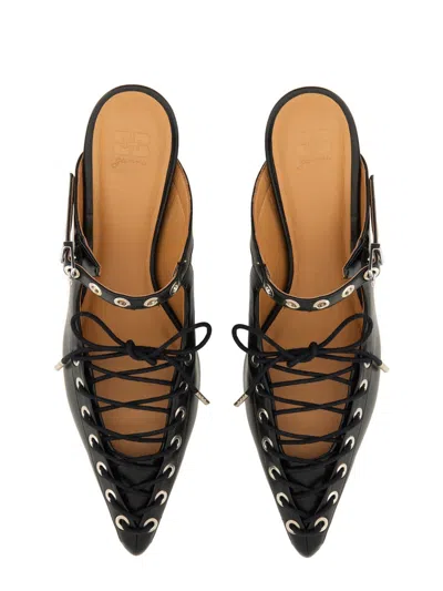 Ganni Womens Black Eyelets Lace-up Faux-leather Mules Eur 39 / 6 Uk