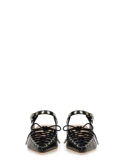 Ganni Womens Black Eyelets Lace-up Faux-leather Mules Eur 39 / 6 Uk