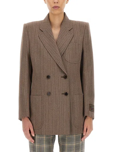 Gucci Double Breasted Herringbone Wool Coat In Brown