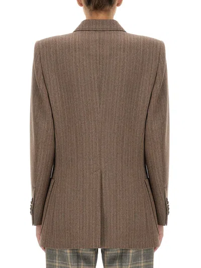 Gucci Double Breasted Herringbone Wool Coat In Brown