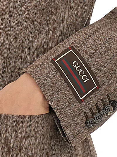 Gucci Double Breasted Herringbone Wool Coat In Brown