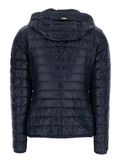 Herno Blue Down Jacket With Drawstring Hood And Logo Plaque On The Rear In Multicolor