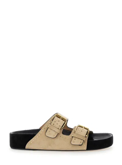 Isabel Marant Beige Suede Sandals With Decorative Buckles In Black