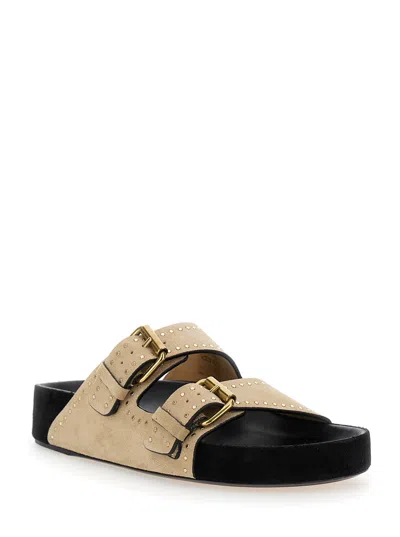 Isabel Marant Beige Suede Sandals With Decorative Buckles In Black