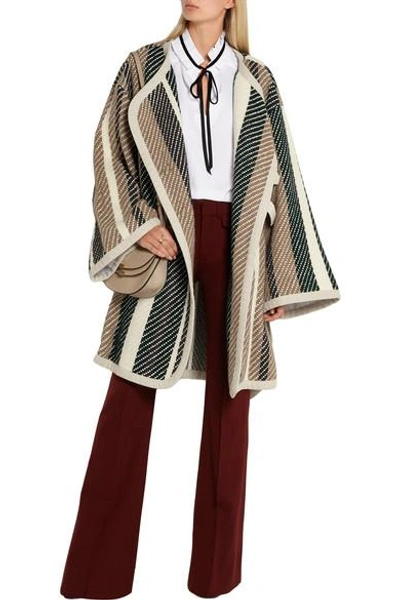 Shop See By Chloé Leather-trimmed Striped Jacquard-knit Coat