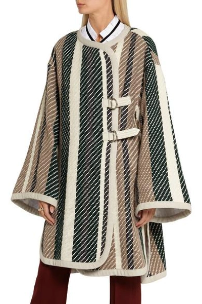 Shop See By Chloé Leather-trimmed Striped Jacquard-knit Coat