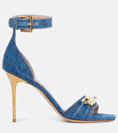 Balmain Logo Denim Sandals In Blue