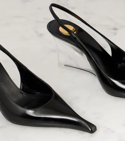 Saint Laurent Pointed Toe Glazed Leather Wedges With Transparent Heel In Black