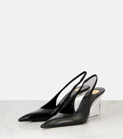 Saint Laurent Pointed Toe Glazed Leather Wedges With Transparent Heel In Black