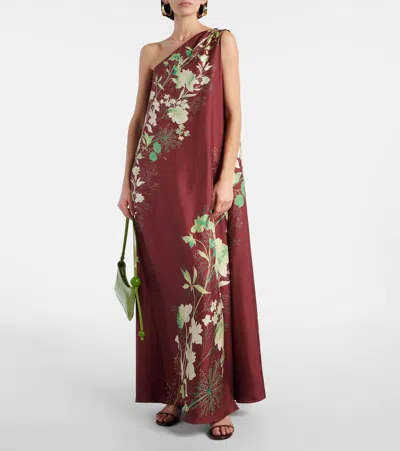 La Doublej Roy One-shoulder Floral Silk Maxi Dress In Bordeaux