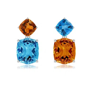 Angara Rectangular Cushion Swiss Blue Topaz & Citrine Mismatch Earrings In White Gold/swiss Blue