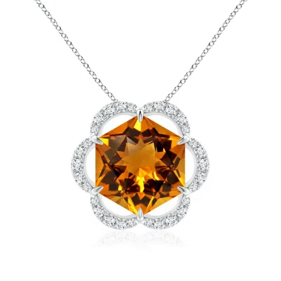 Angara Gia Certified Hexagonal Step-cut Citrine Floral Halo Pendant In Orange