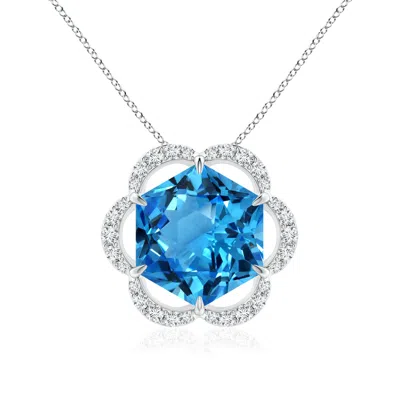 Angara Gia Certified Hexagonal Step-cut Swiss Blue Topaz Floral Halo Pendant