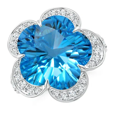 Angara Gia Certified Five-petal Flower Swiss Blue Topaz And Diamond Halo Ring