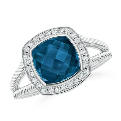Angara Cushion London Blue Topaz Twisted Rope Ring With Diamond Halo In Metallic