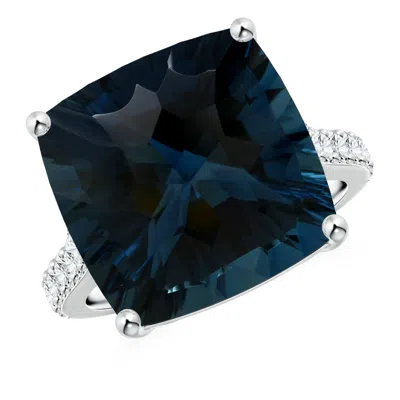 Angara Gia Certified Cushion London Blue Topaz Cocktail Ring With Diamonds In White Gold/deep Greenish Blue