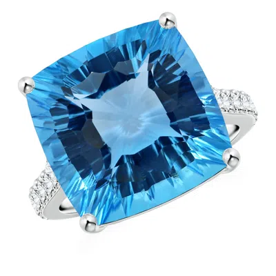 Angara Gia Certified Cushion Swiss Blue Topaz Cocktail Ring With Diamonds In White Gold/swiss Blue