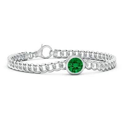 Angara Lab-grown Bezel-set Round Emerald Chain Bracelet In White Gold/rich Green
